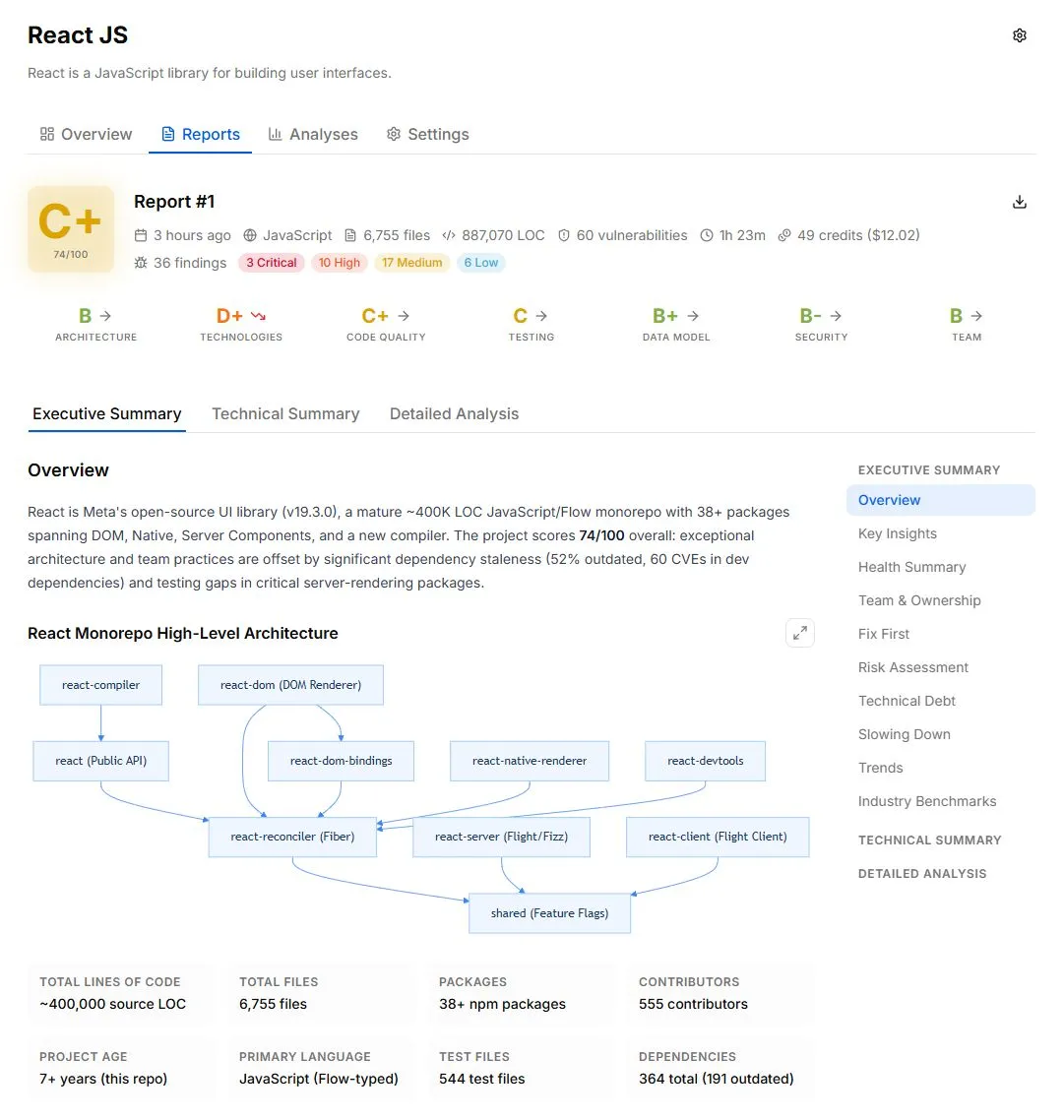 StackGrit report showing health grades, architecture diagram, and actionable insights for a real software project