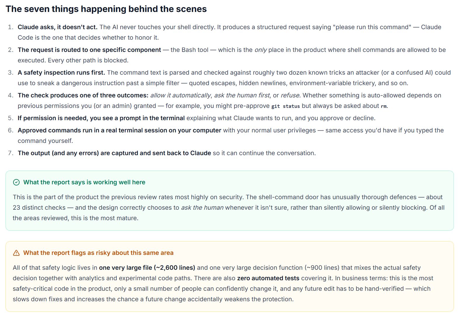 Chatbot non-technical answer: a plain-English walkthrough with 'what's working well' and 'what's risky' callouts
