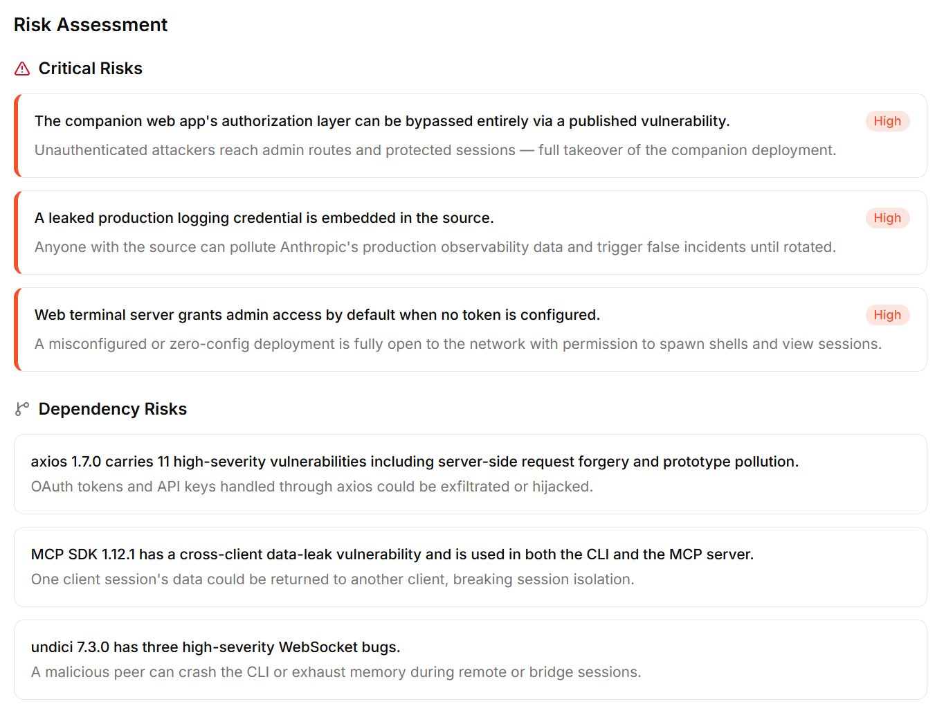 StackGrit risk assessment: three critical risks (web app auth bypass, leaked logging credential, admin-by-default terminal server) and dependency risks in axios, the MCP SDK, and undici