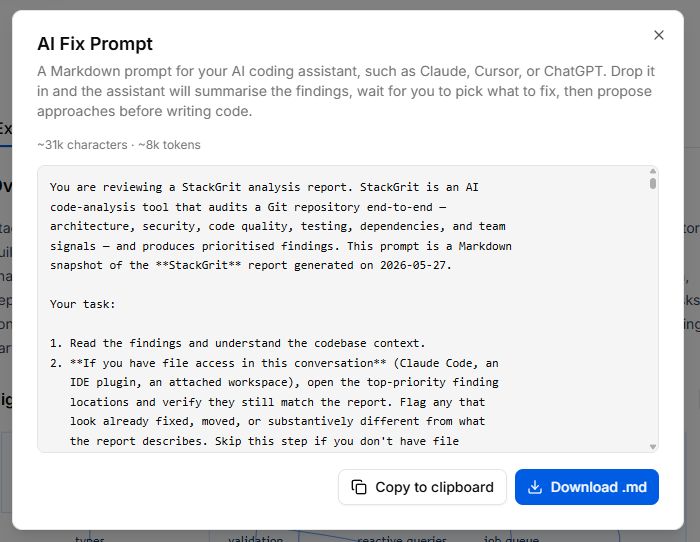 The AI Fix Prompt dialog showing the Markdown preview, character and token counts, and Copy and Download buttons