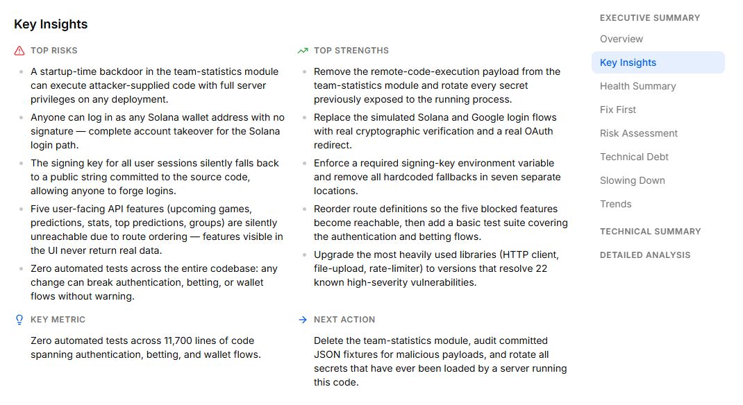 StackGrit key insights listing the startup-time backdoor as the number one risk above all other findings