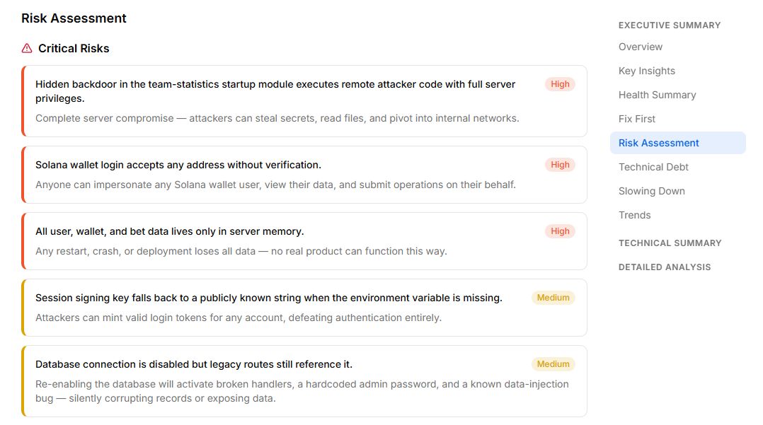 StackGrit critical risk assessment with the hidden backdoor ranked first among the codebase's risks